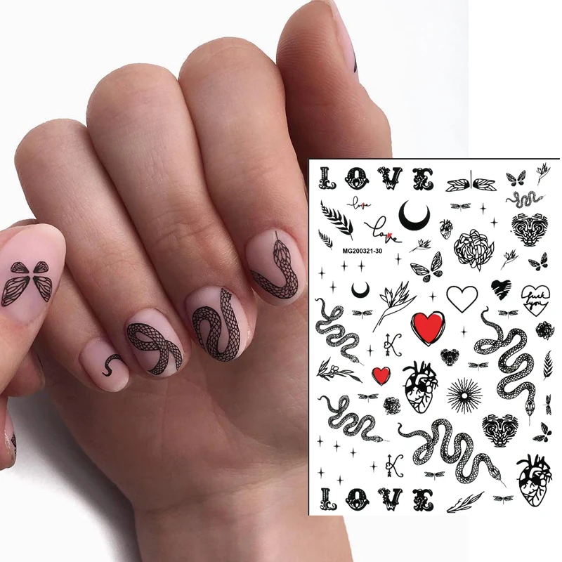 1 лист, наклейка для ногтей в виде змеи, Бабочка, цветок, 3D клейкие наклейки для украшения татуировок в стиле нейл-арта.