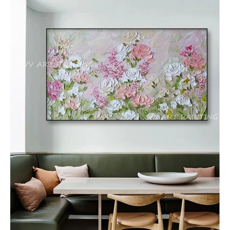 100% Ручная работа Абстрактный розовый цветок простой чистый пейзаж Маслом Современная гостиная Украшение дома