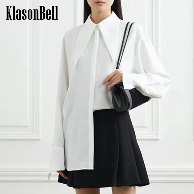 12.5 KlasonBell Белый Темпераментный Дизайн остроконечного воротника Скрытая рубашка с длинным рукавом Повседневная Женская рубашка