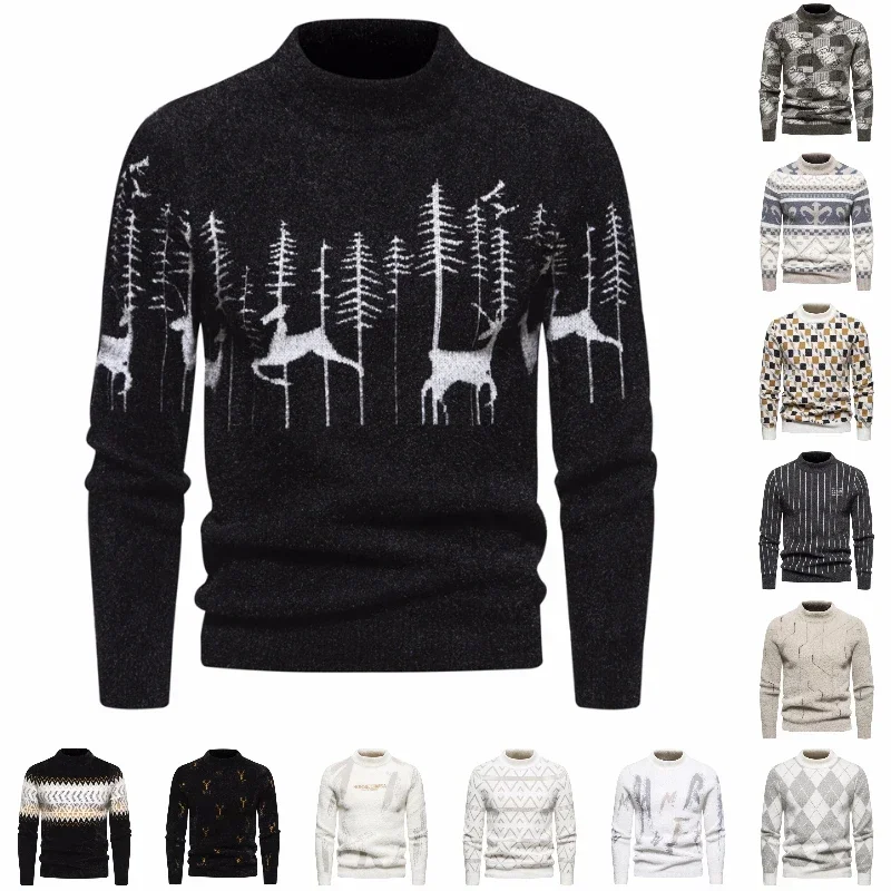 12 Стильных осенне-зимних новых свитеров из мохера, мужские теплые жаккардовые свитера с Рождественским оленем и длинным рукавом, вязаный пуловер