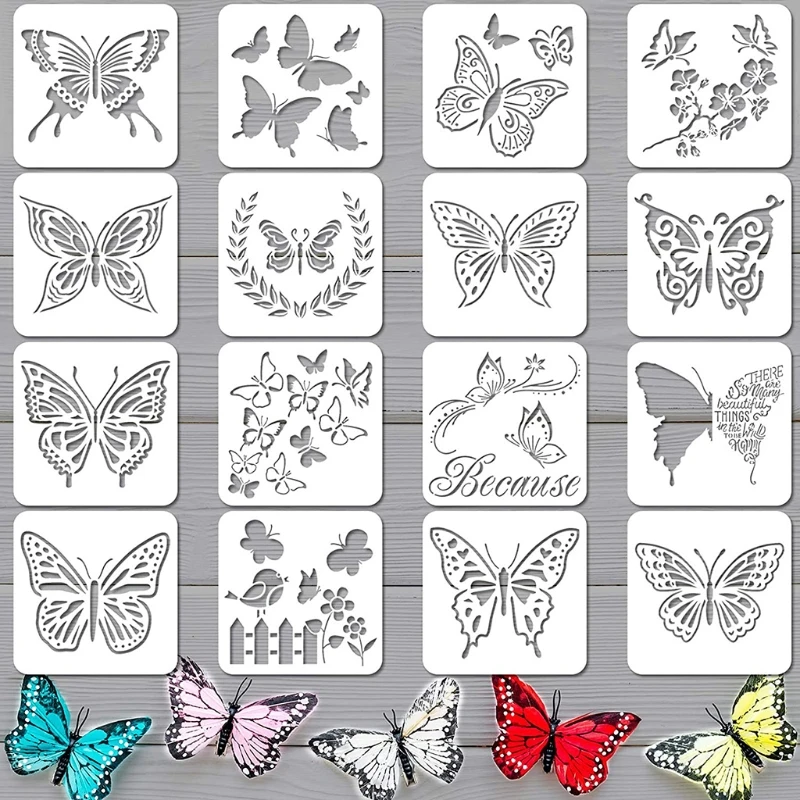 16шт трафаретов для рисования бабочек, шаблон трафаретов на тему весеннего сада