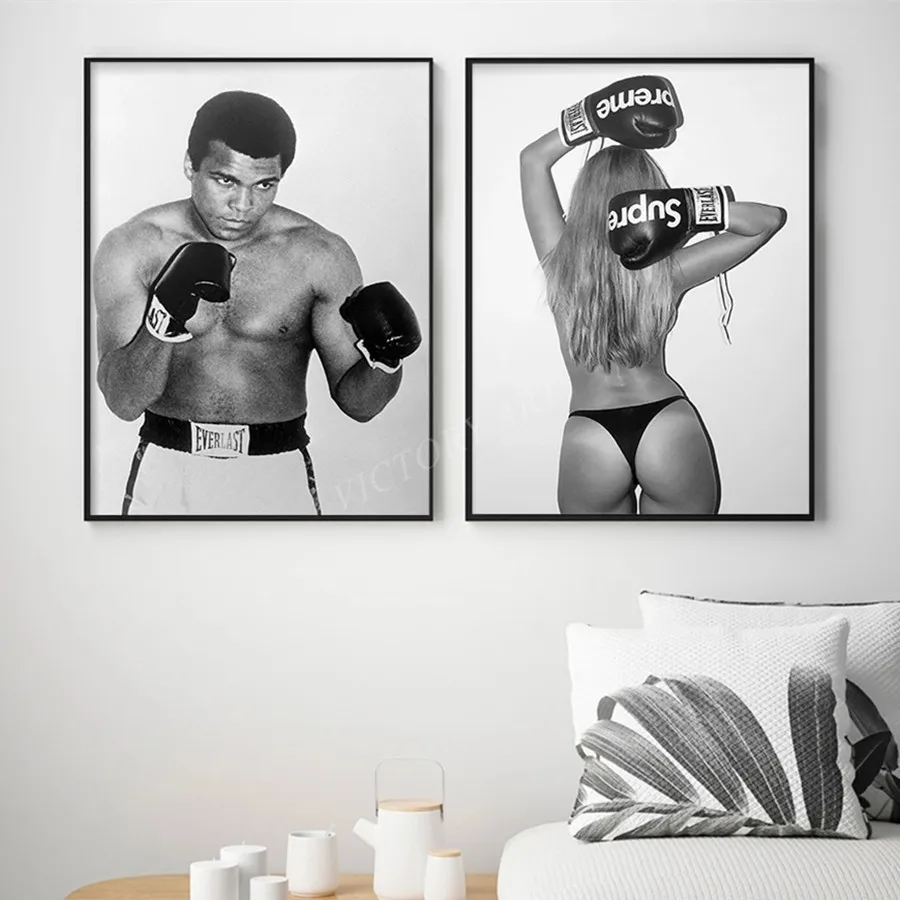 1шт Плакат Мухаммеда Али Сексуальная Женщина Черный Белый Настенное Искусство Холст Картина Бокс Спортивная Картина Большой Размер Современная Комната Домашнего Декора