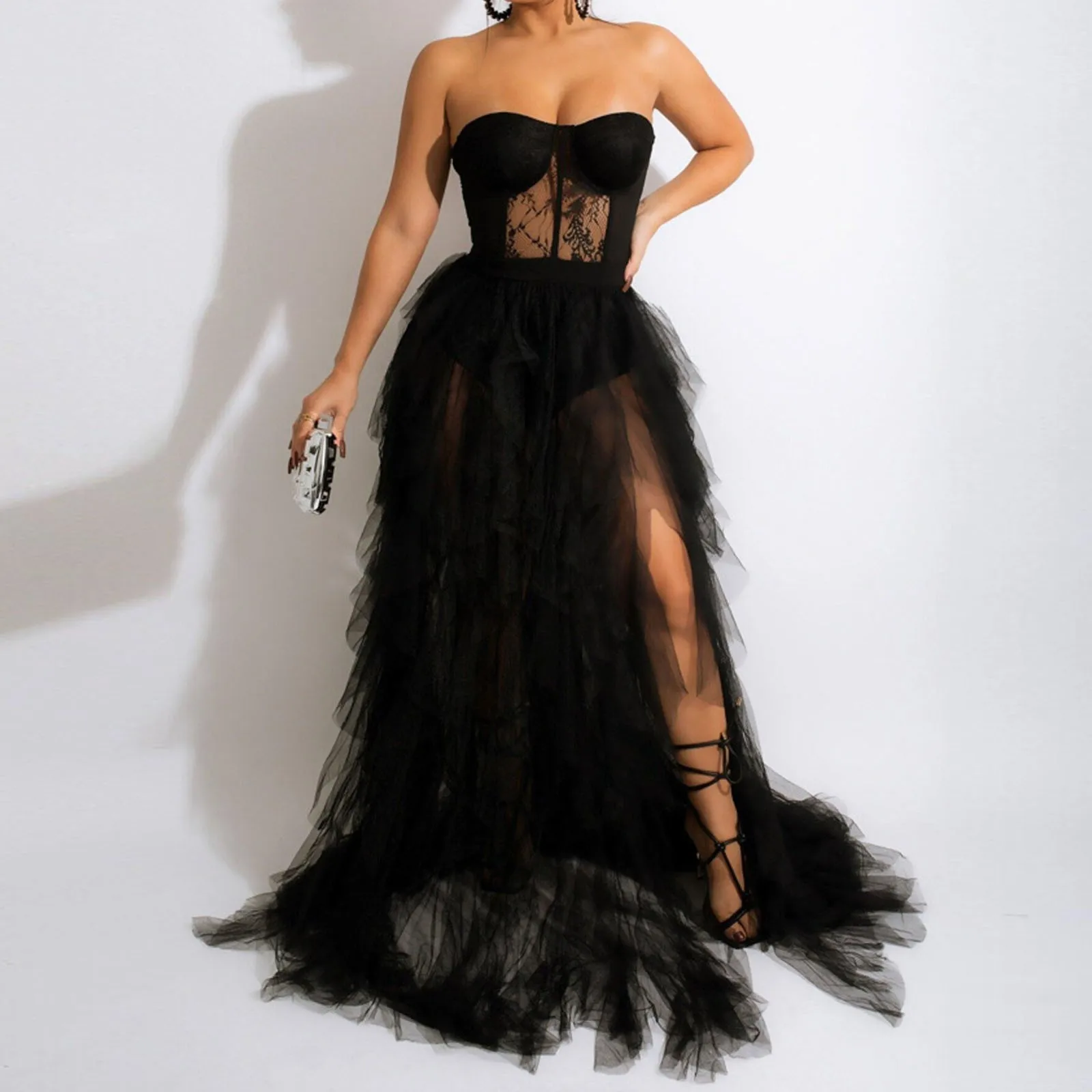 2023 Высококачественное платье для выпускного вечера, Черное, с разрезом на шее, без бретелек, Сексуальное платье Макси для вечеринки знаменитостей, сарафан, Женское Vestidos
