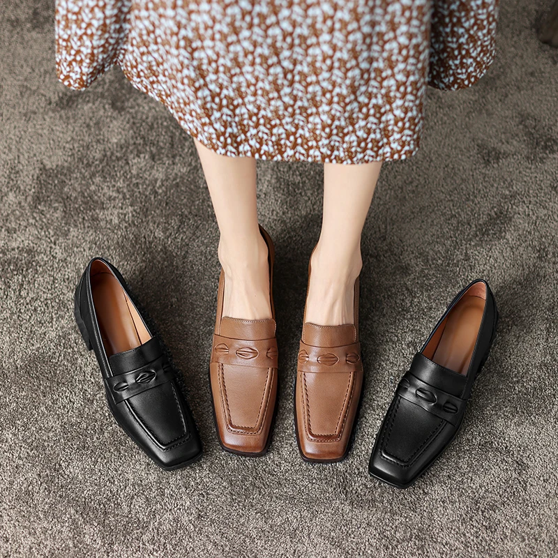 2023 г., новые весенние женские туфли-лодочки из натуральной кожи 22-24,5 см, овчина + свиная кожа, винтажные лоферы с квадратным носком, женская обувь