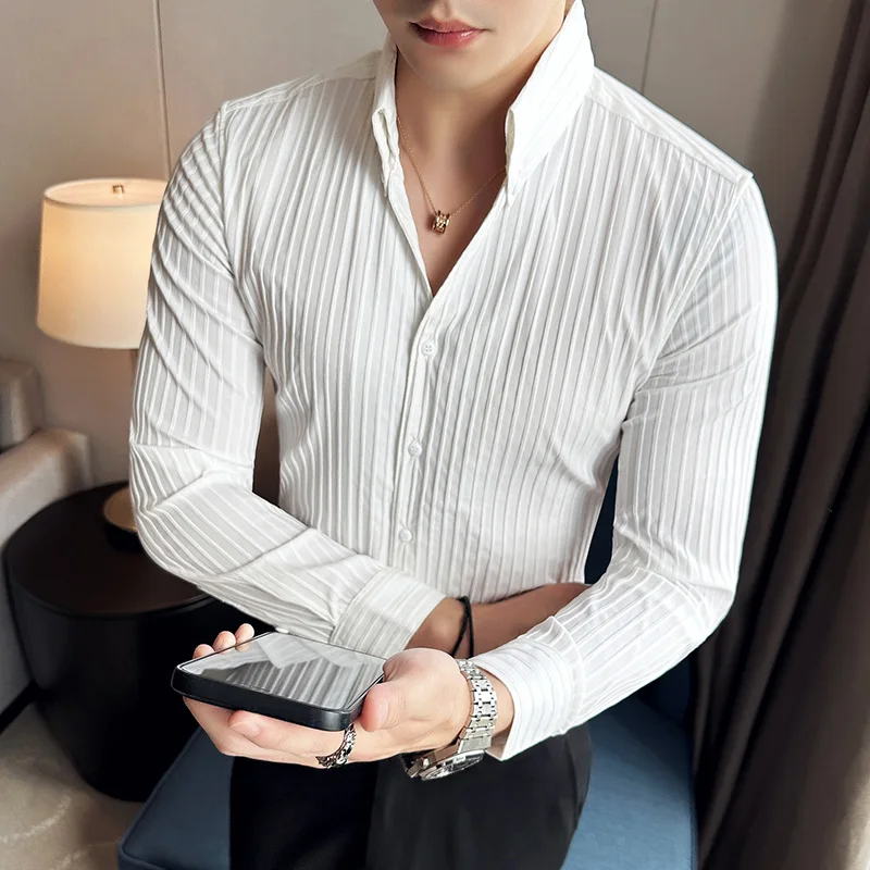 2023-Новая Мужская Мода Business Gentleman Корейской Версии, Трендовая Однотонная Модная Дышащая Рубашка в Легкую Роскошную Полоску