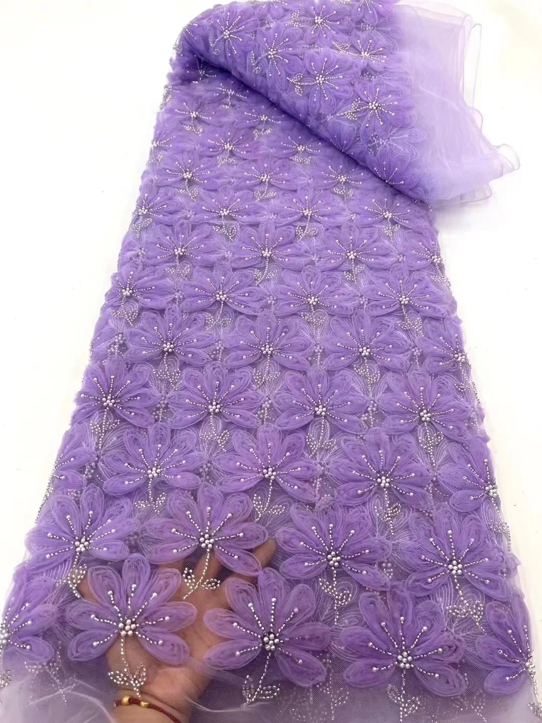 2023 Новейшая Африканская кружевная ткань из бисера Фиолетовая вышивка Французская Сетка из бисера Кружевная ткань 3D цветок Нигерийское тюлевое кружево для вечеринки