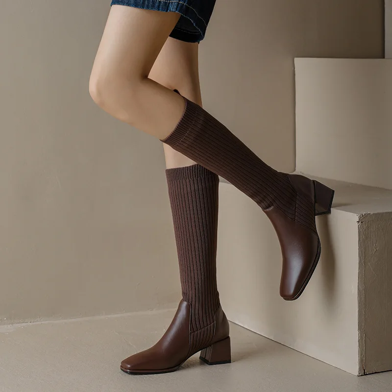 2023 Осень-зима, Новые сплайсированные вязаные носки для похудения с квадратным носком, сапоги до колена