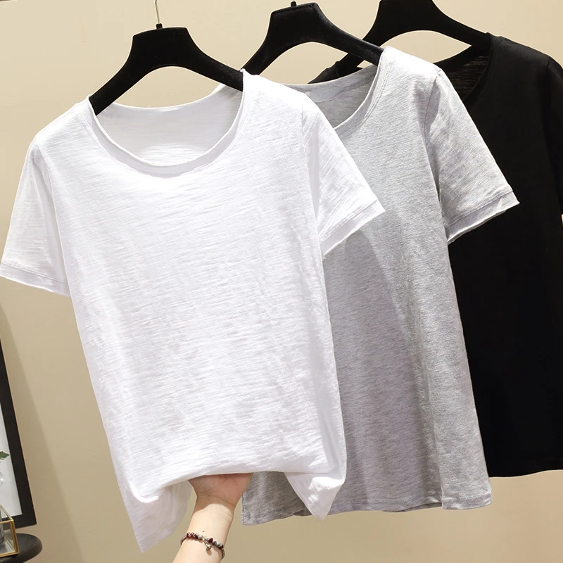 2023, Простая базовая футболка с коротким рукавом, женские белые футболки из бамбукового хлопка, топы, Летняя повседневная Свободная футболка с круглым вырезом, однотонная
