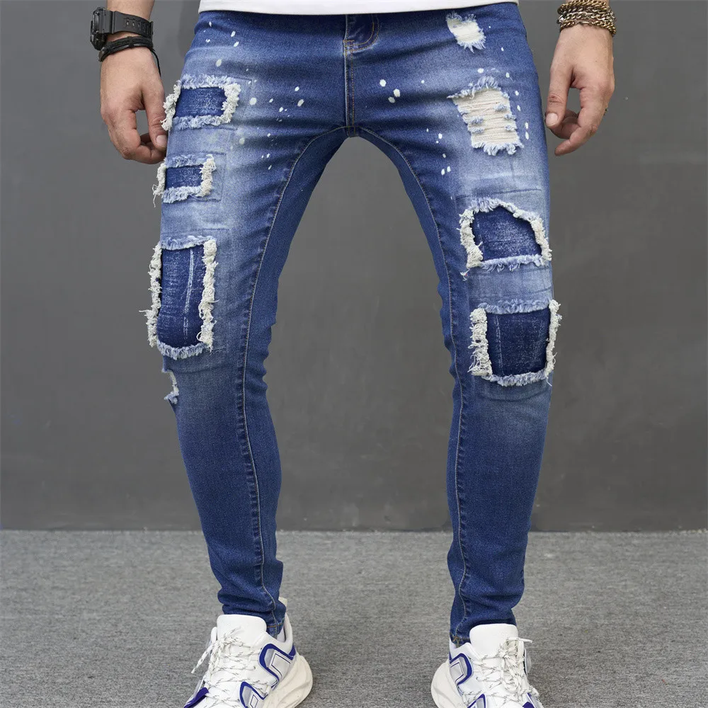 2023, Стильные мужские джинсовые брюки-карандаш с рваной заплаткой, мужские повседневные узкие джинсовые брюки