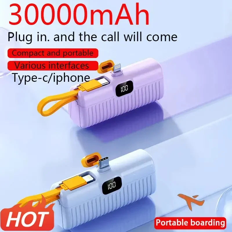2024 Новый блок питания с мини-цифровым дисплеем емкостью 30000mAh, портативный встроенный кабель для передачи данных, Powerbank Plug and Play для iPhone Samsung Huawei