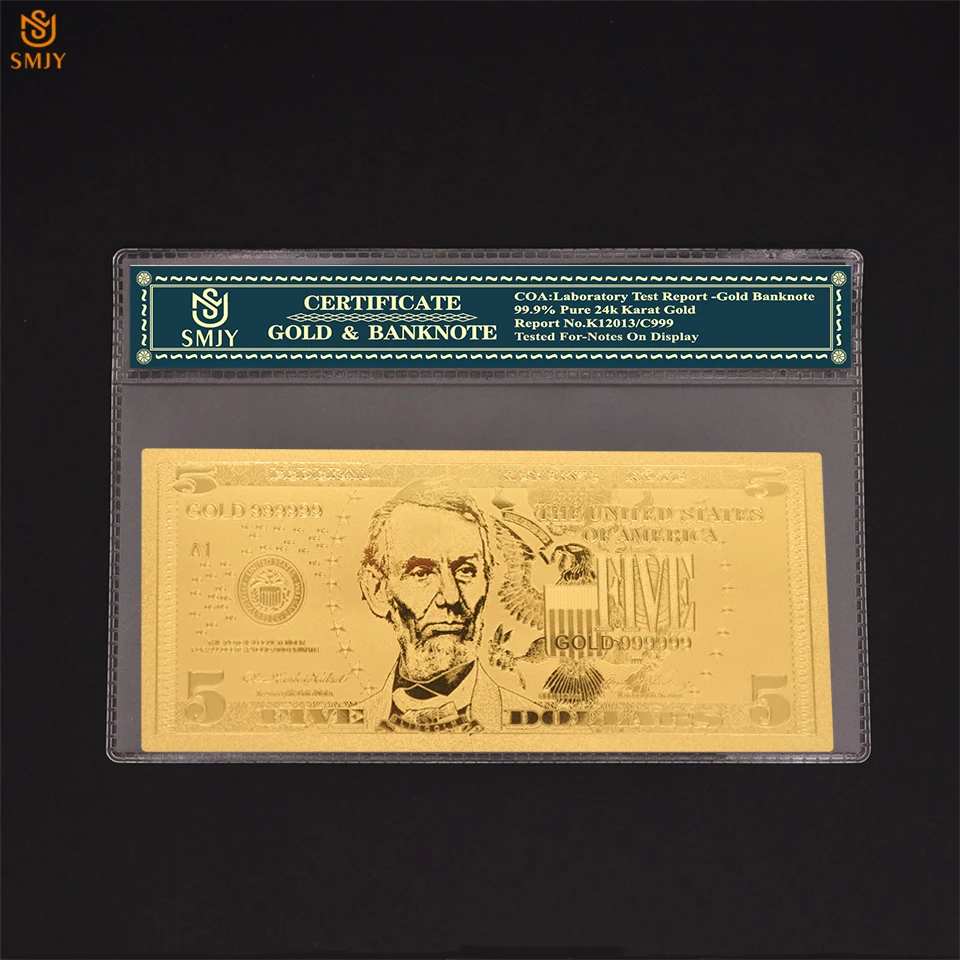 24-Каратная золотая валюта США номиналом 999 долларов, 5-долларовые деньги, золотая фольга, коллекции поддельных банкнот и рождественские подарки