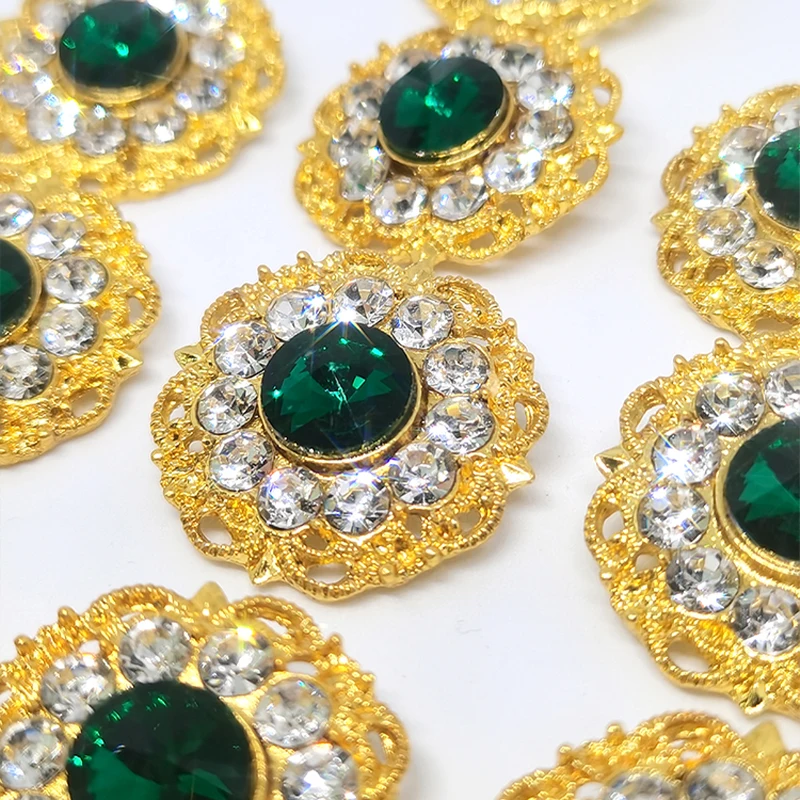 27 мм Большие золотые металлические роскошные пуговицы для одежды, винтажная зеленая бриллиантовая модная декоративная пуговица для женского пальто, швейная одежда DIY