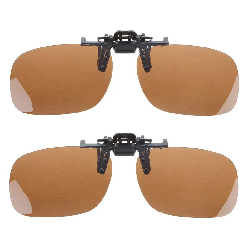 2X унисекс темно-коричневых прямоугольных откидных клипсы на поляризованных солнцезащитных очках