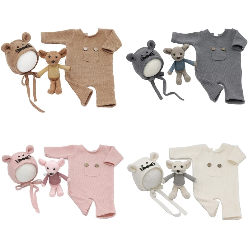 3 шт./компл. Реквизит для фотосъемки новорожденных, комбинезон для маленьких мальчиков и девочек, шапочка, мышь для куклы, вязаный комбинезон, мыши для обертывания головы
