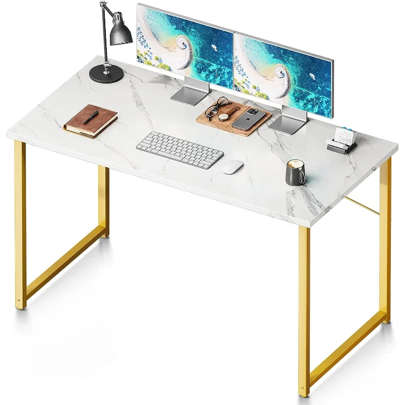48-дюймовый Компьютерный Стол Coleshome, Современный Простой Письменный Стол для Домашнего Офиса, Письменный Стол для Студентов, Белый Мрамор и Золотая Ножка