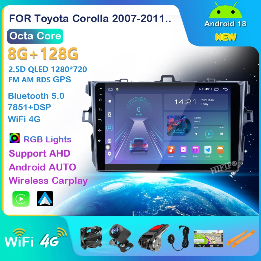 4G RAM 64G ROM DSP IPS Android 13 АВТОМОБИЛЬНЫЙ DVD GPS радио Carplay для Toyota corolla 2007-2011 DVD навигационный экран стерео мультимедиа