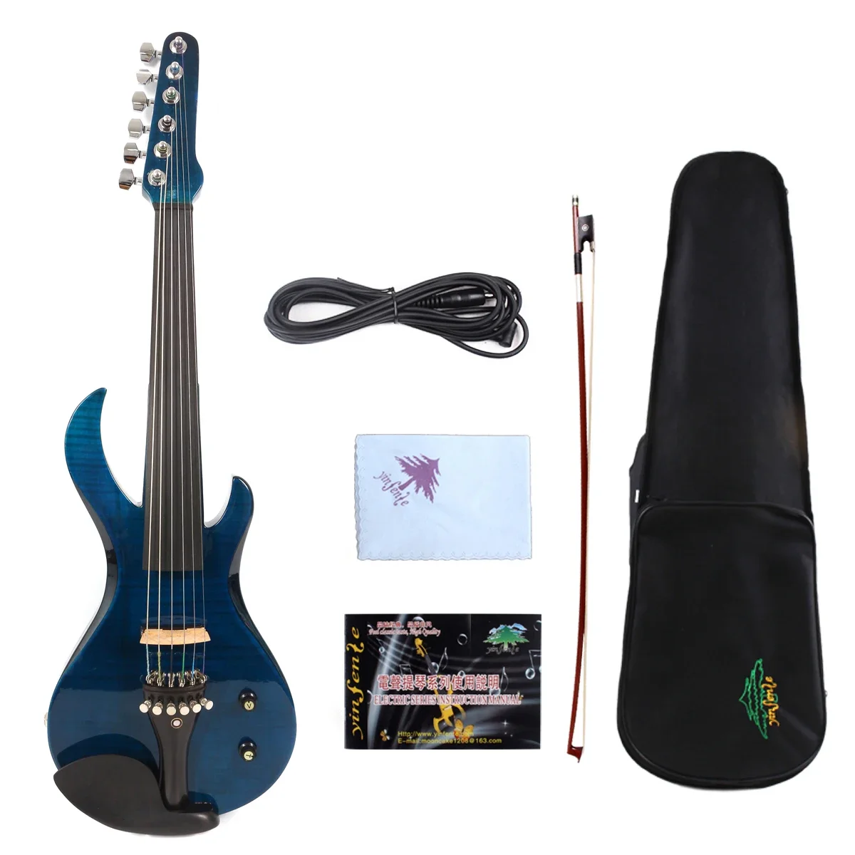 6-струнная Темно-СИНЯЯ электрическая скрипка 4/4 в натуральную величину, форма огненной гитары, мощный звук, черное дерево, фурнитура для скрипок-смычков в сумке
