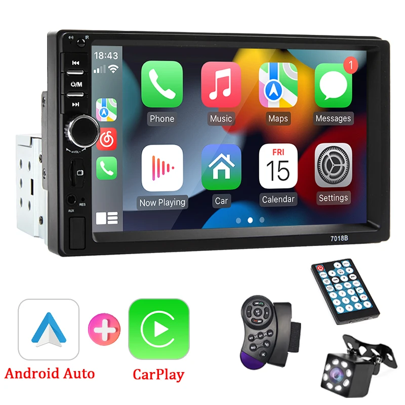 7-дюймовое автомобильное радио 1 Din Carplay Android Auto Multimedia Player HD Сенсорный экран FM AUX вход Bluetooth MirrorLink Универсальное авторадио