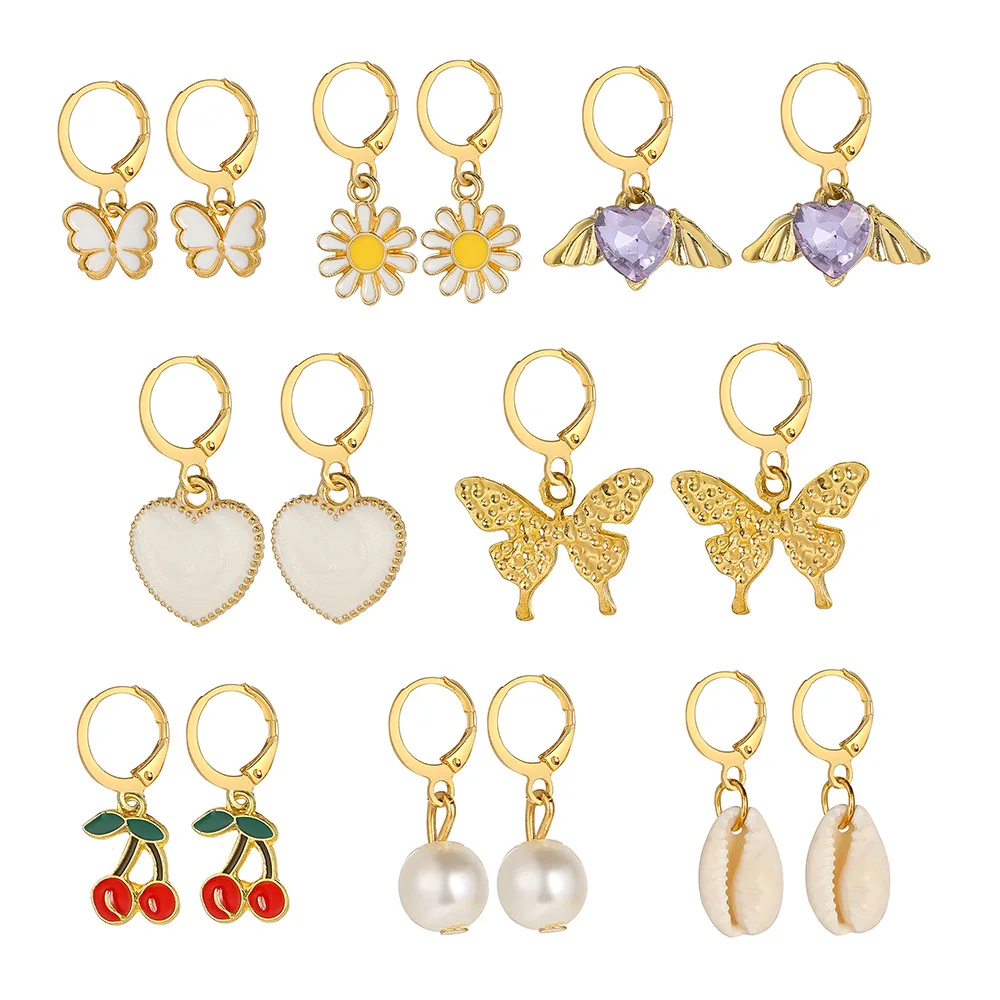 8 пар Модных золотых сережек-колец с вишневым сердечком и жемчужной раковиной, набор для женщин, Акриловые серьги-кольца с бабочками, Ювелирный подарок
