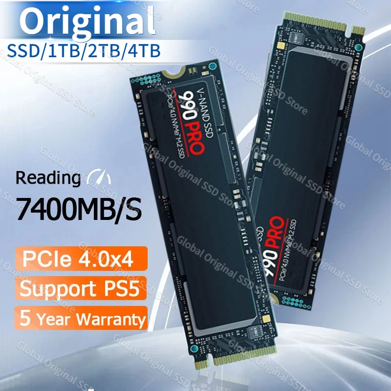 990PRO SSD 7450 МБ/с. SSD NVMe M.2 2280 4 ТБ 2 ТБ 1 ТБ Внутренний Твердотельный Жесткий диск M2 PCIe 4.0x4 2280 SSD-Накопитель для Портативных ПК PS5