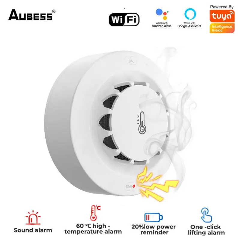 Aubess 2 In1 WiFi Дымовая сигнализация Обнаружение датчика температуры и влажности Tuya Smart Home Security Protection для Alexa Google Home