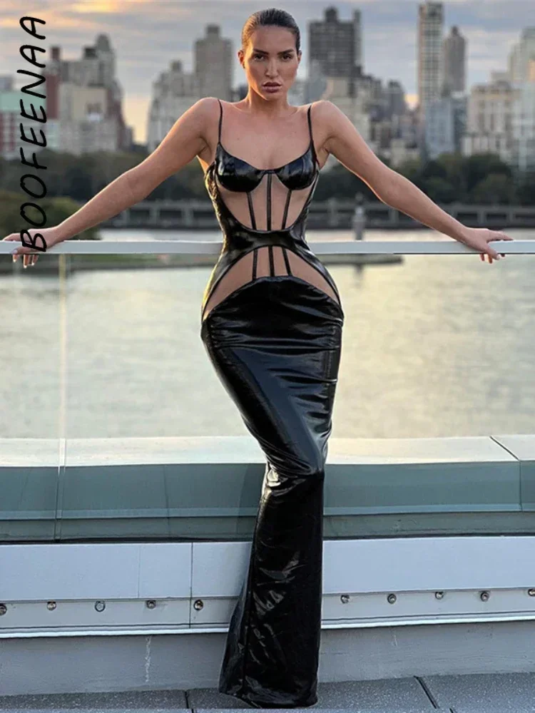 BOOFEENAA, сексуальное платье Макси с открытой спиной, Прозрачная лоскутная сетка, Латексная кожа, Черные вечерние платья для вечеринок, Женская клубная одежда C83-EB32