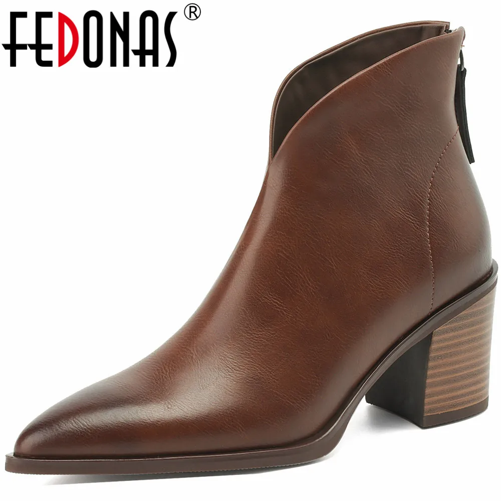 FEDONAS/ Базовые женские ботильоны в стиле ретро из натуральной кожи, осень-зима, женские туфли на толстом высоком каблуке с острым носком, офисные женские туфли зрелого возраста