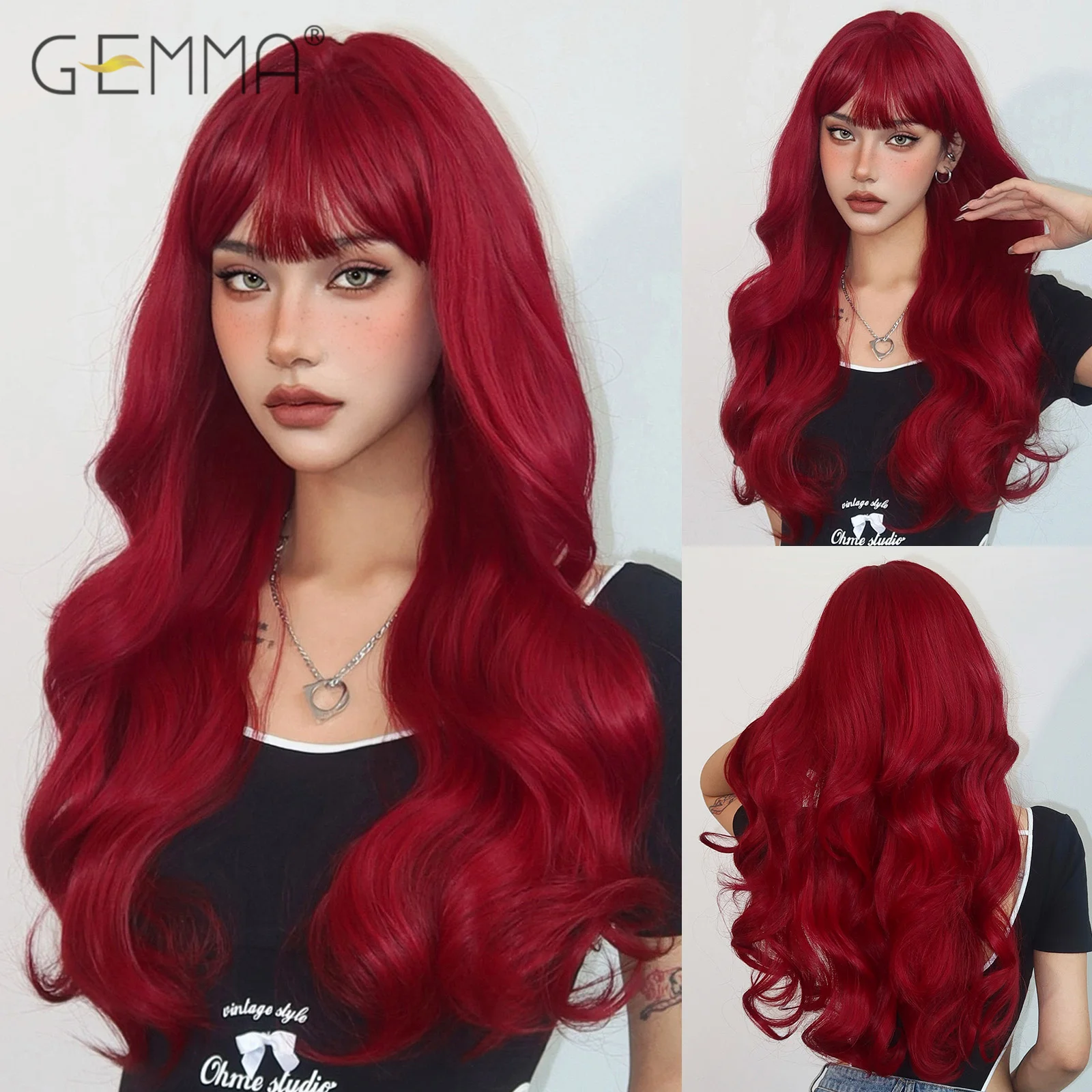 GEMMA Темно-красный Длинный Волнистый синтетический парик с челкой, бордовый, с естественной волной, Парики для косплея, вечерние Парики для женщин, Афро-Термостойкие