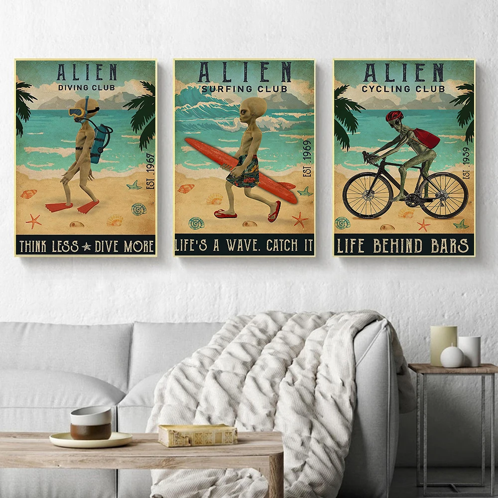 HD Печать Винтажная художественная живопись Ретро плакат с инопланетянином Забавные принты для серфинга велоспорта дайвинга Настенная художественная картина для домашнего декора гостиной