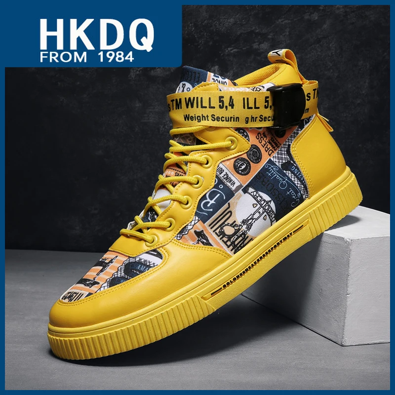 HKDQ Модные желтые мужские повседневные кроссовки, модные высокие кроссовки на шнуровке, женская комфортная дышащая уличная обувь для скейтборда, мужская обувь