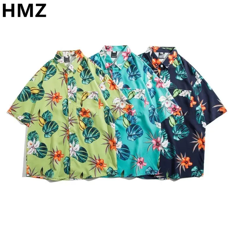 HMZ Гавайская рубашка С Цветочным Принтом, Мужская Летняя Винтажная Рубашка Поло, Рубашки Высокой Уличной Моды, Мужские Свободные Футболки С Коротким Рукавом