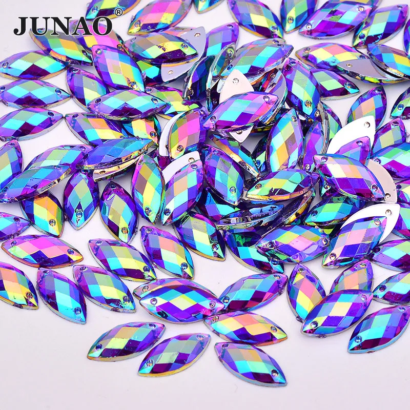 JUNAO 7 * 15 мм Швейная аппликация из фиолетового страза AB Horse Eye, пришитая к акриловому хрустальному камню с плоской спинкой, стразовый бриллиант для платья