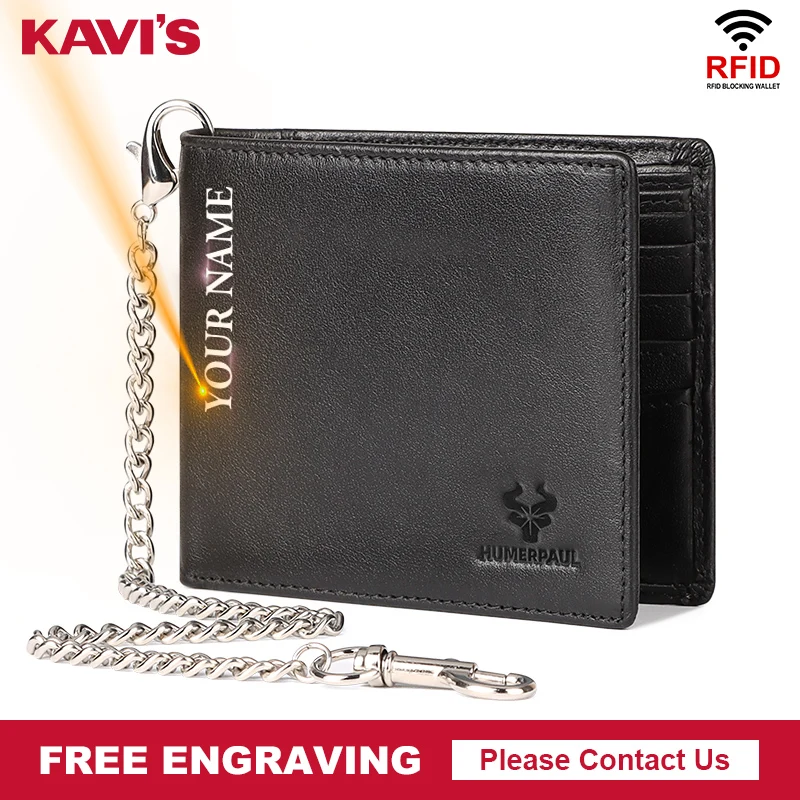 KAVIS RFID-защита, мужские кошельки, держатель для кредитных карт, кошелек из натуральной кожи с железной цепочкой, повседневный мужской кошелек для монет, сумка для денег