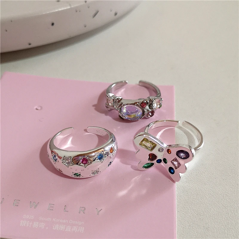 Kpop Trendy Fashion Y2K, Милые кольца с геометрическими кристаллами и звездами, Серебряные кольца Для женщин, Винтажные Ювелирные аксессуары в стиле Гранж
