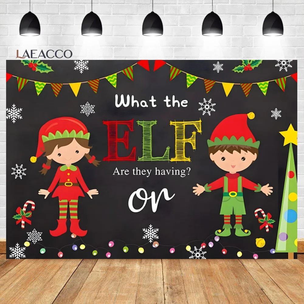 Laeacco Зимний Рождественский эльф, раскрывающий пол, фон для фотосъемки, красно-зеленый эльф, разноцветный флаг, гирлянды, фон для вечеринки, фон для фотосъемки