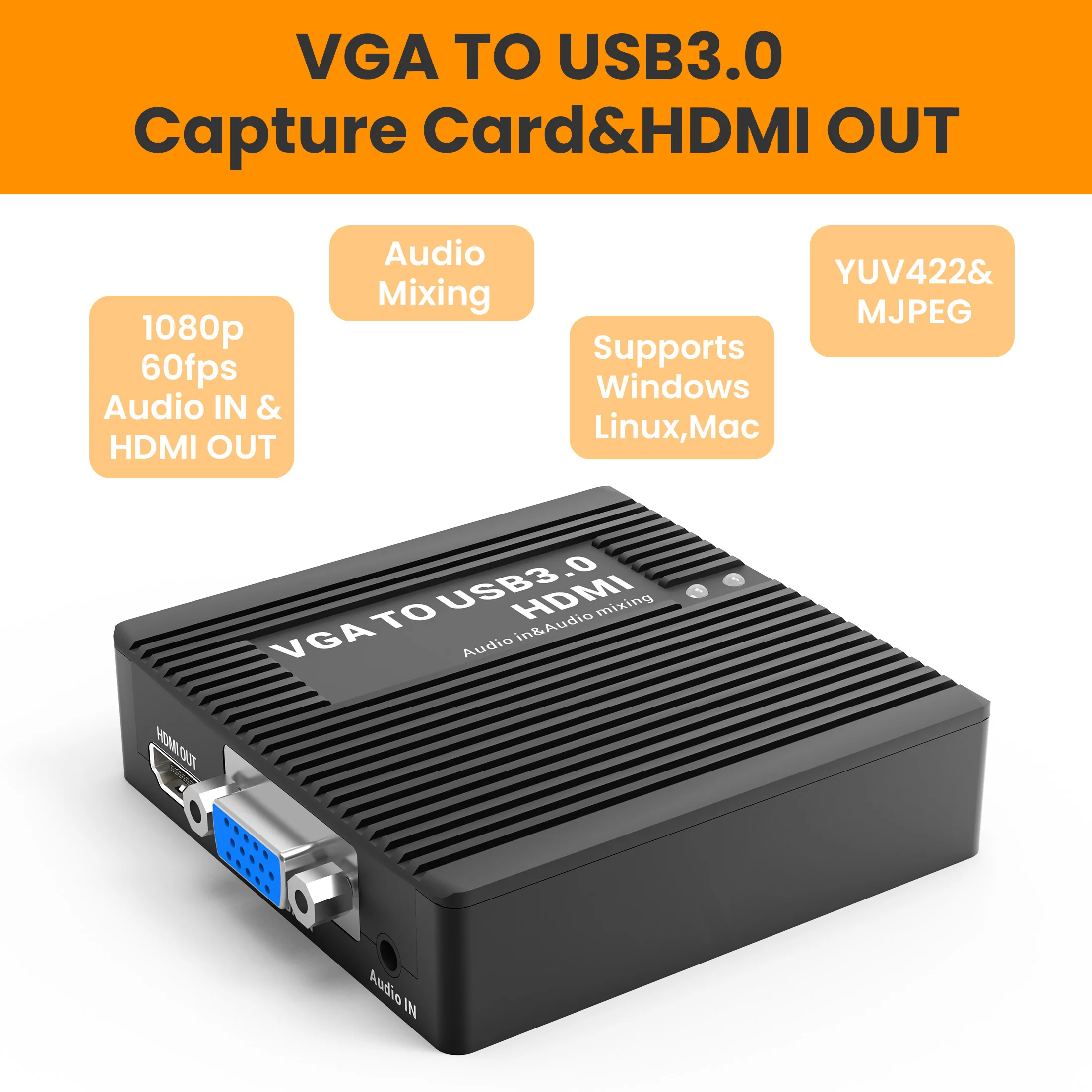 LCC385 Карта захвата VGA-USB3.0 И HDMI 1080P60 Коробка захвата аудио-видео с бесплатным драйвером Подключи и играй для прямой трансляции игр