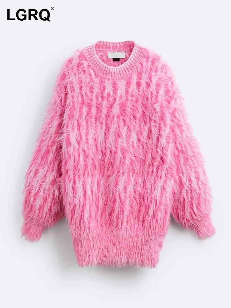 LGRQ 2024 Модный однотонный Индивидуальный вязаный повседневный пуловер, Женский Высококачественный Уличный повседневный свитер, Свободный Новый 19Z1513
