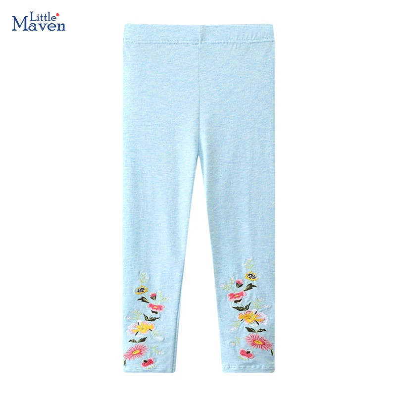 Little maven Для маленьких девочек, синие леггинсы, брюки, хлопковые брюки, детская одежда, Мультяшная вышивка, цветы, детская одежда Осень