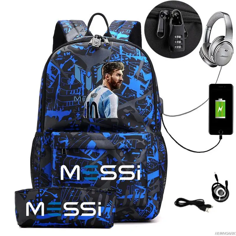 Messi USB Рюкзак Женский мужской с простым замком An-ti Для путешествий, повседневные рюкзаки для подростков, школьные сумки для ноутбука с пеналом, 2 шт.