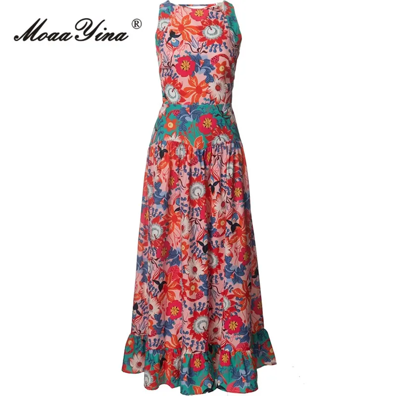 MoaaYina Летнее модное дизайнерское платье, женское платье с круглым вырезом, без рукавов, на шнуровке, с открытой спиной, винтажные длинные платья с цветочным принтом