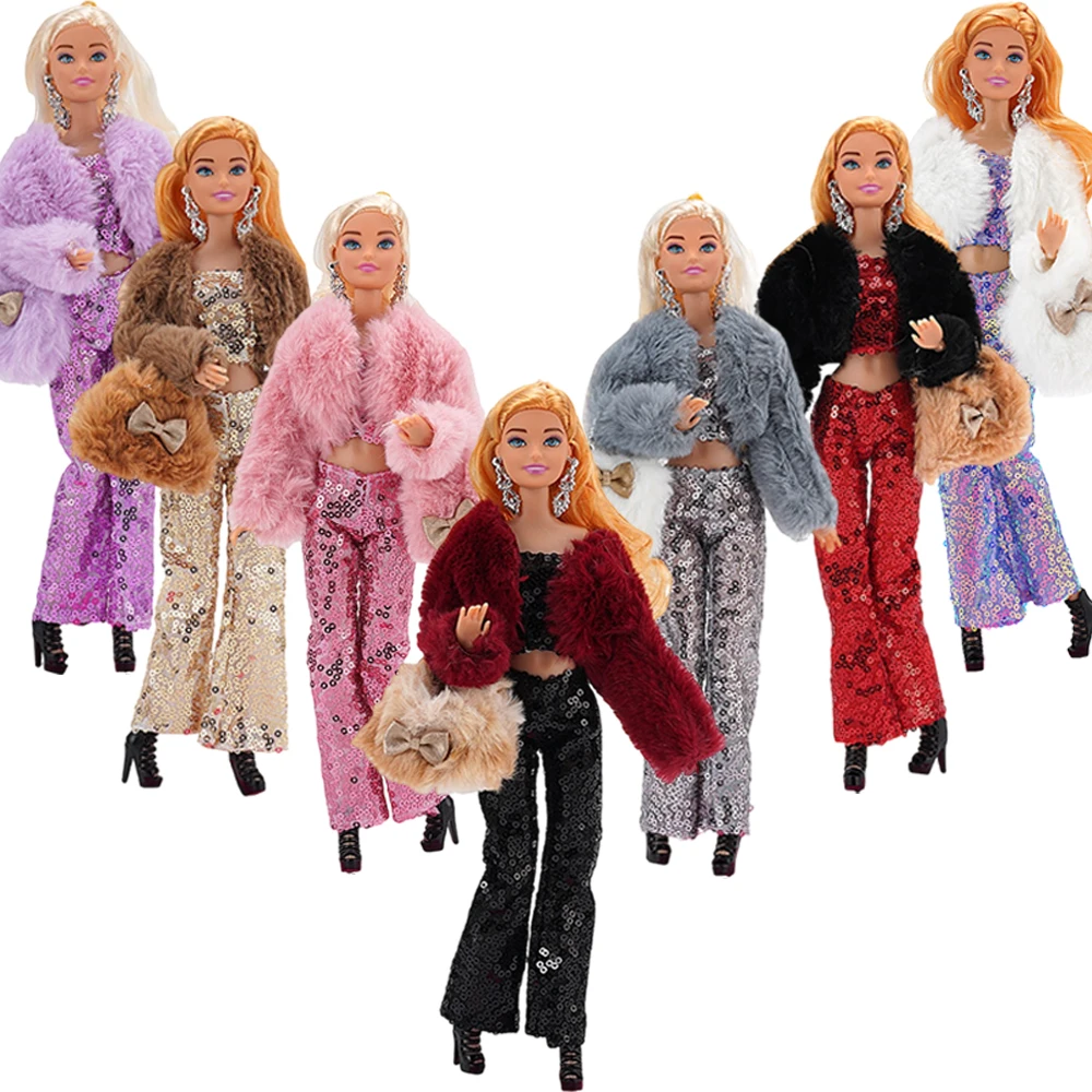 NK Новый Блестящий Комплект одежды С Пайетками Для куклы Барби, Меховая Шуба, Современная одежда, Подходящая для 1/6 BJD, Аксессуары для Кукол, Игрушки Для девочек, JJ