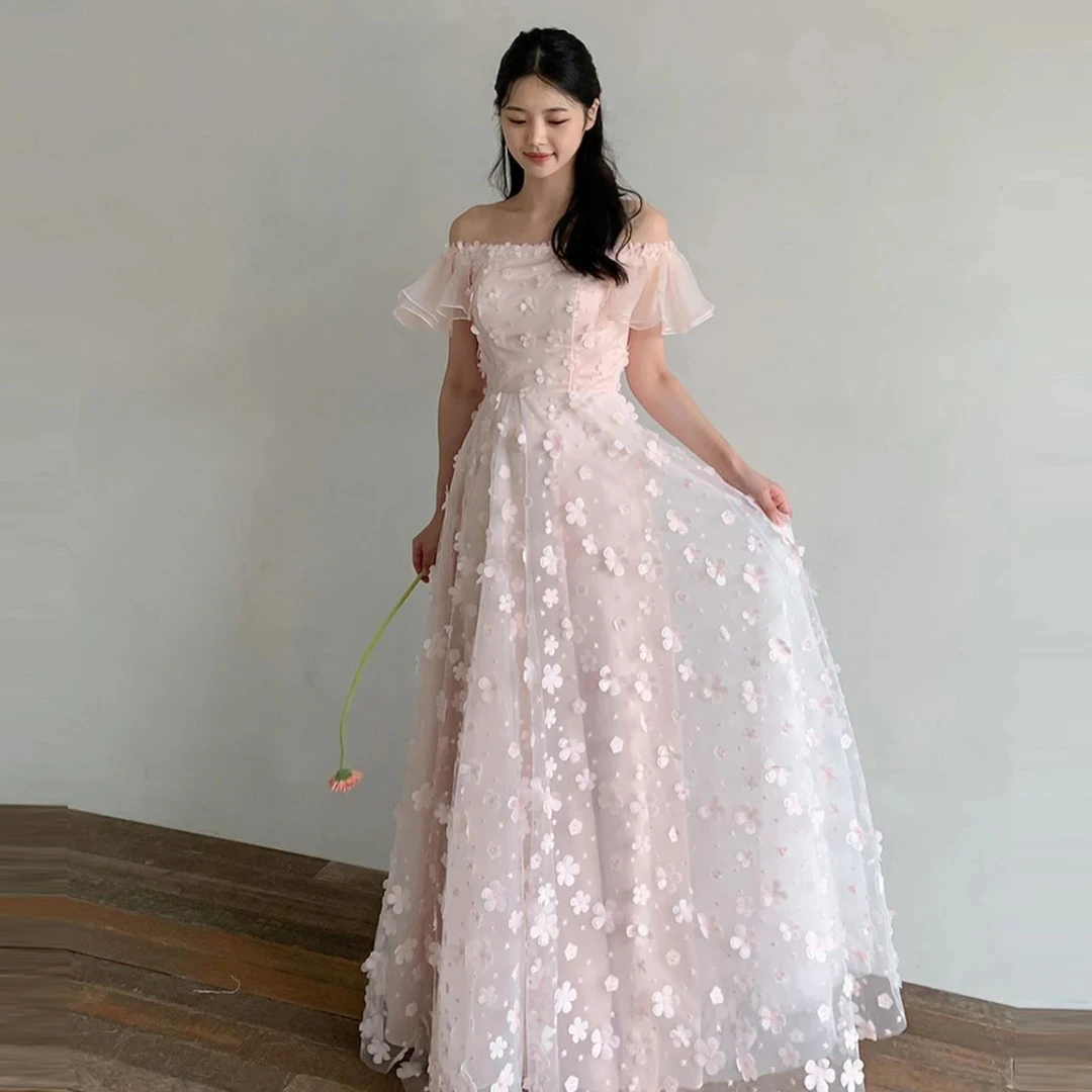 OIMG Корея Розовые платья макси для выпускного вечера трапециевидной формы с рюшами, тюлевые цветы, корсет с открытыми плечами, вечерние платья, официальное праздничное платье