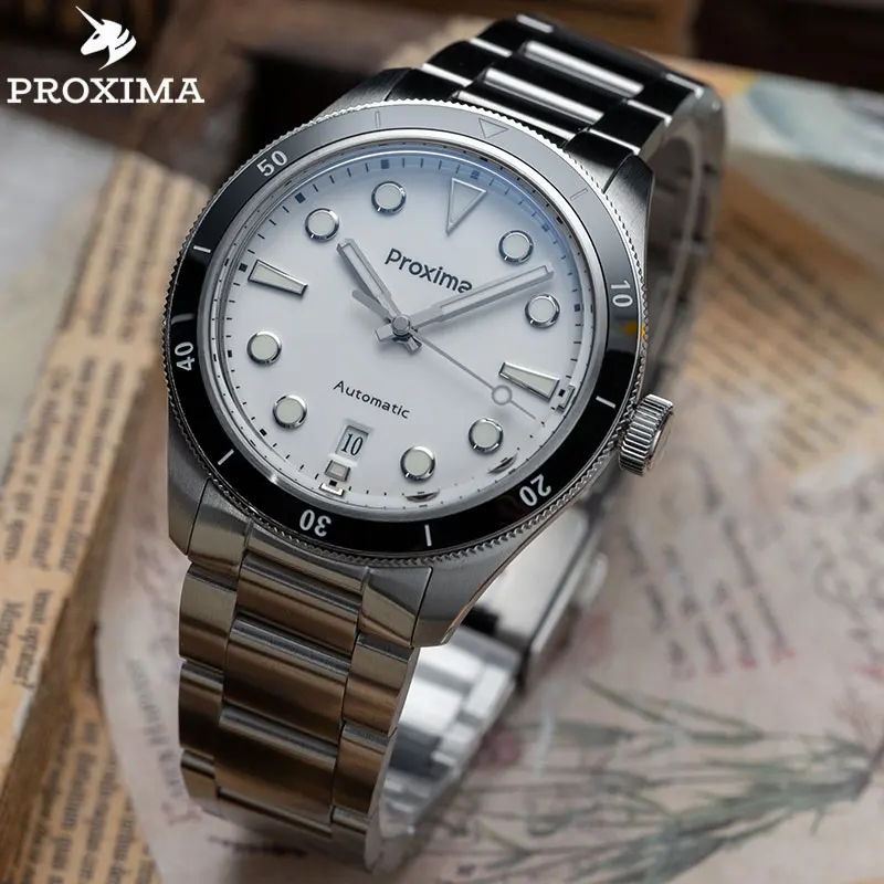 Proxima PX1697 39 мм Мужские Часы С Белым Эмалевым Циферблатом Bubble Sapphire PT5000 SW200 Автоматические Механические Старинные Часы Со Светящимся 20 баРом