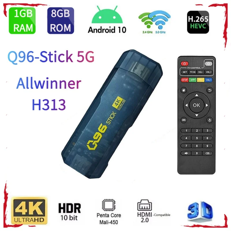 Q96 tv stick 2023 allwinner h313 Android 10 четырехъядерный 2,4 5G wifi UHD 4k HDR10 H. 265 домашний кинотеатр smart tv iptv