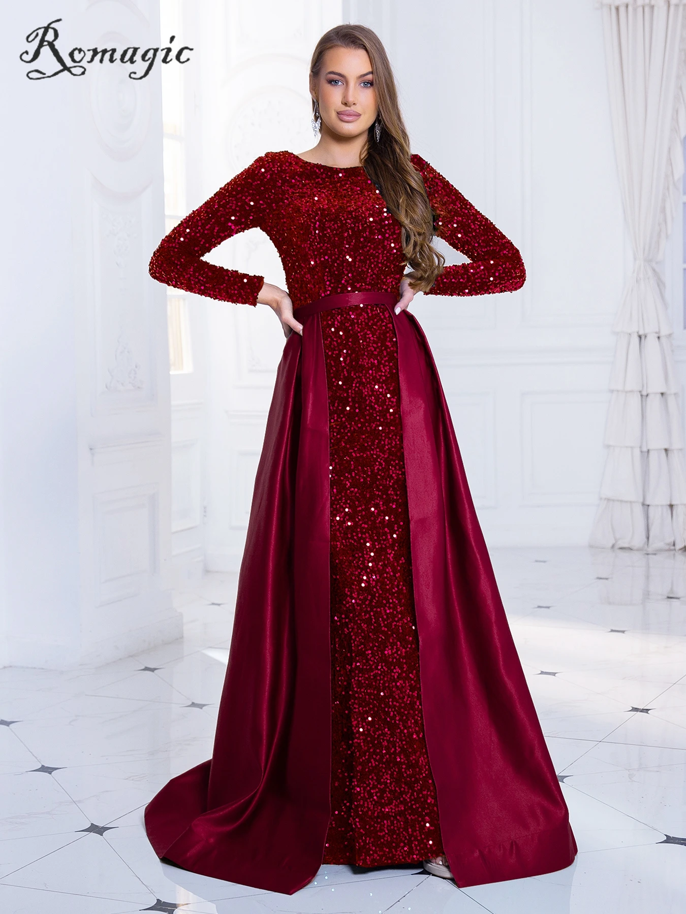 Romagic Скромное вечернее платье с длинными рукавами и блестками, вечернее платье Русалки со съемным шлейфом, Элегантное зимнее платье 2023