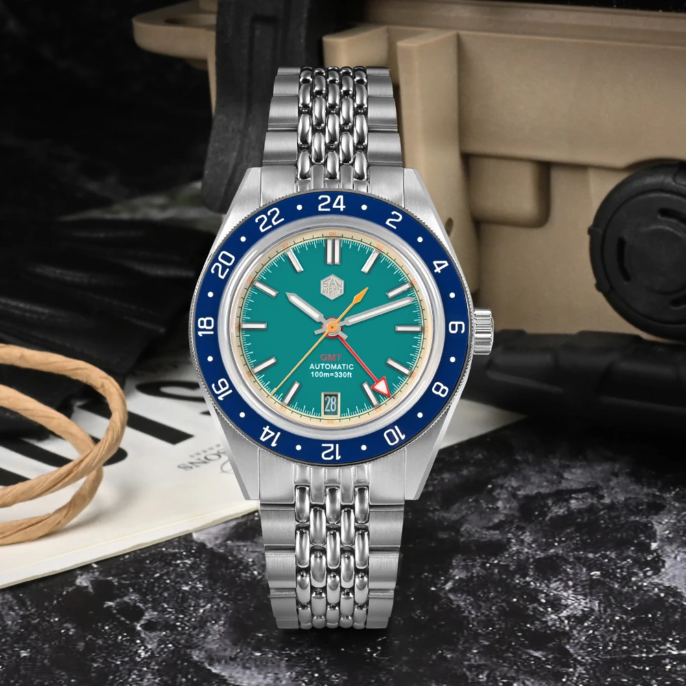 San Martin Лучший бренд Моды для отдыха GMT Мужские спортивные часы Япония NH34 Автоматические Механические Водонепроницаемые 100 м BGW-9 Светящиеся Reloj