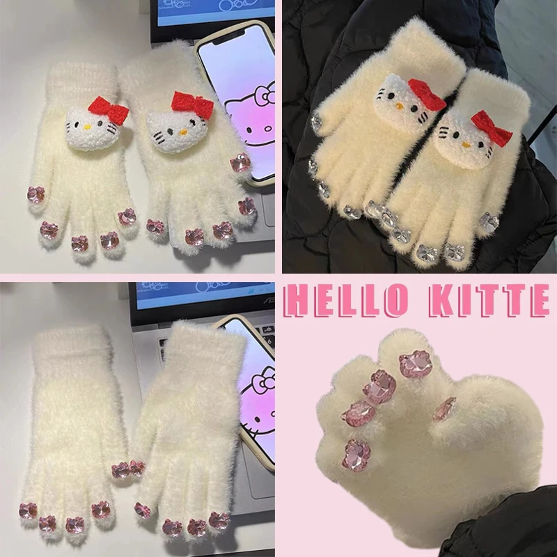 Sanrio Hello Kitty Перчатки Зимние Теплые Студенческие Велосипедные Варежки С Полным Пальцем Женские Мультяшные Милые Уличные Толстые Плюшевые Повседневные Перчатки
