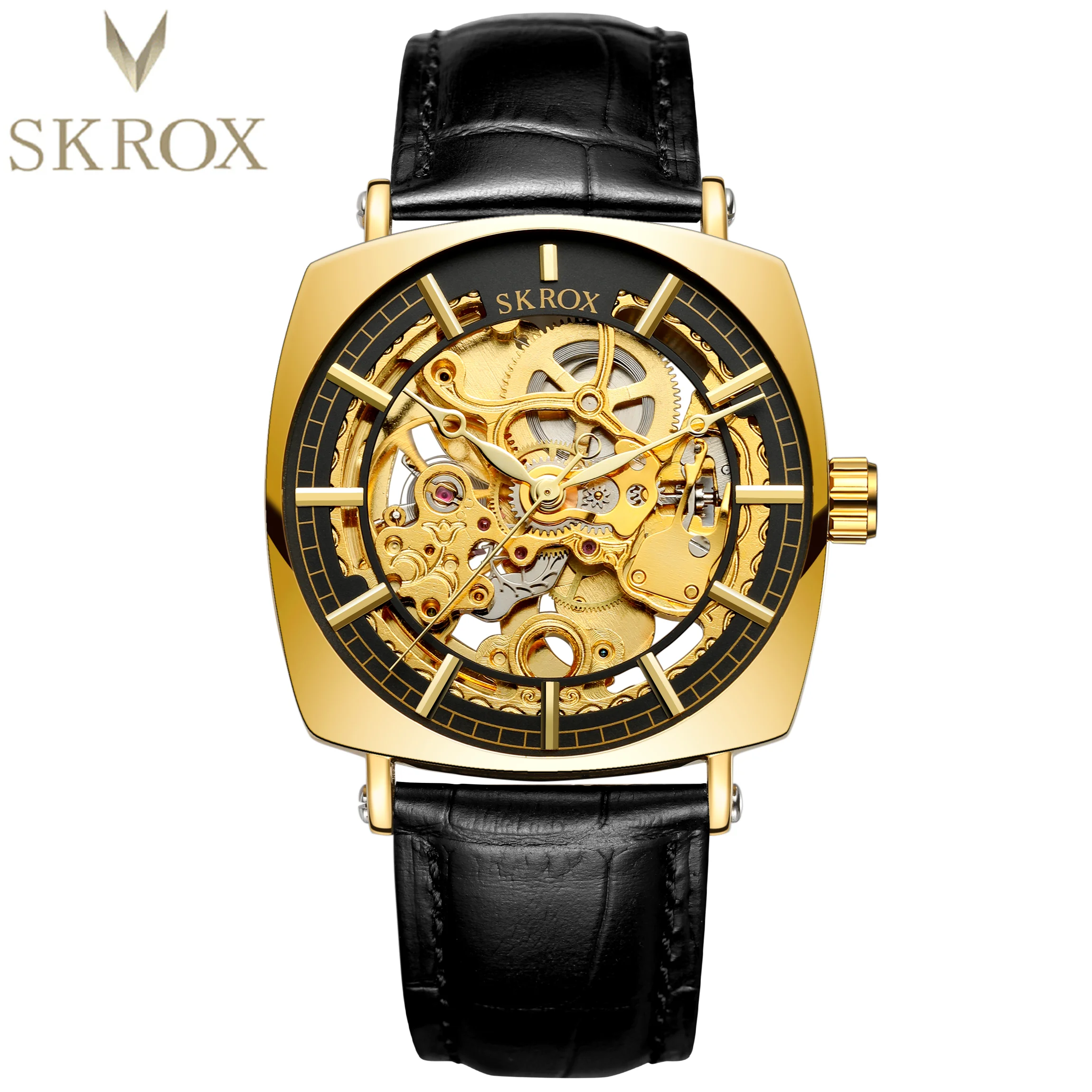 SKROX Роскошные Квадратные прозрачные автоматические механические часы для мужчин, лучший бренд, ремешок из натуральной кожи, винтажные золотые часы-скелет