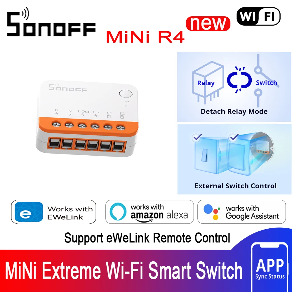 Sonoff MINI R4 Wifi Smart Home Switch Поддерживает Режим Отсоединения внешнего переключателя от реле Wi-Fi Remote Control R5 через приложение eWeLink Alexa