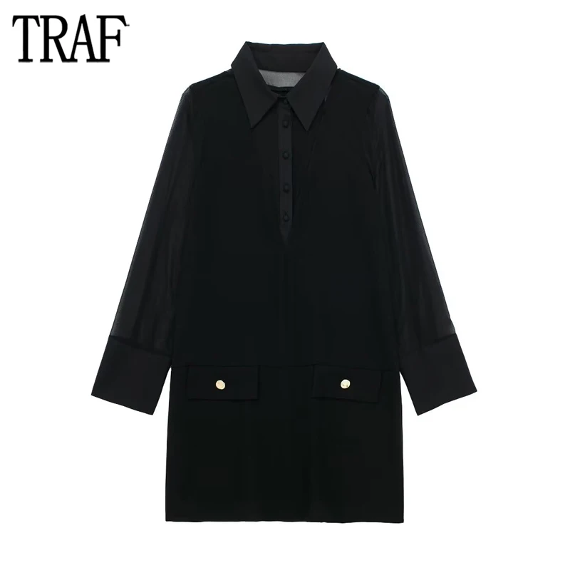 TRAF 2024, Женское черное платье-рубашка, полупрозрачные короткие платья для женщин, Контрастное офисное женское платье, женское мини-платье с длинным рукавом